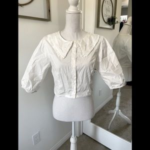 White Button-up Cropped Blouse with Large Lapels